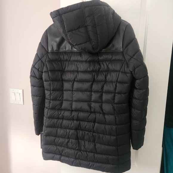 Tahari Womens Puffer Jacket Hooded Faux Leather Trim Puffer Coat Black Large NWT - Picture 3 of 14
